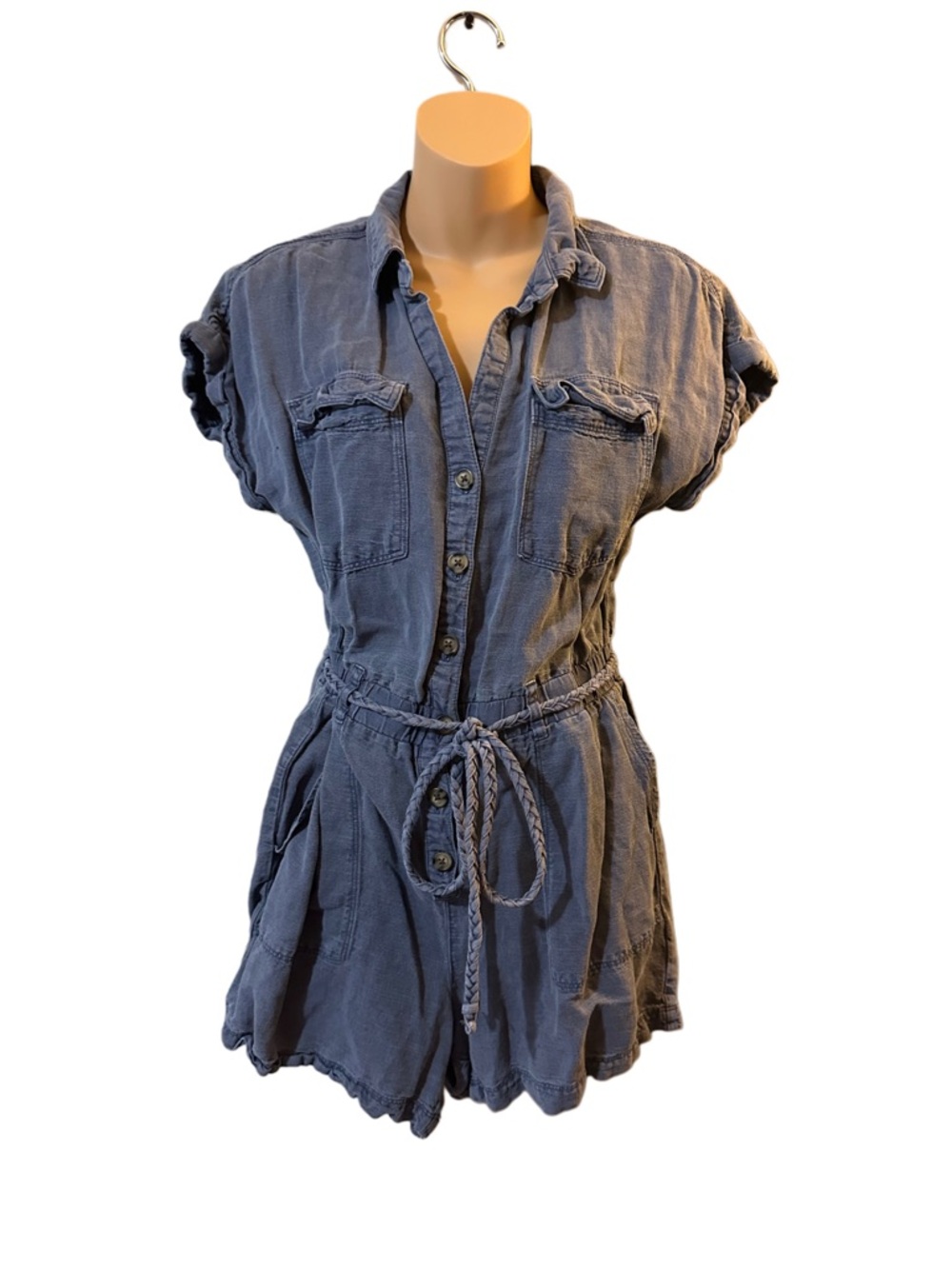 Nicole Miller Blue Denim Button-Front Romper with Braided Tie Belt